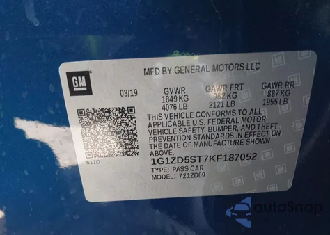 2019 Chevrolet Malibu Lt из США, поврежденный, VIN 1G1ZD5ST7KF187052